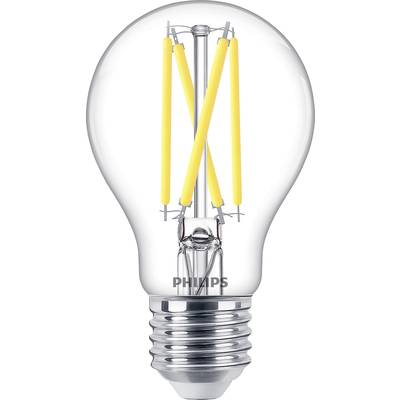 Priehľadná LED žiarovka s viditelnými vláknami a kovovým podstavcom, označená logom 'Philips', poskytuje ekologické osvetlenie.