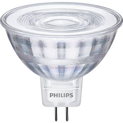 Philips LED žiarovka so soklom GU5.3, s priehľadným sklom a reflexným vnútorným povrchom, vhodná na osvetlenie.