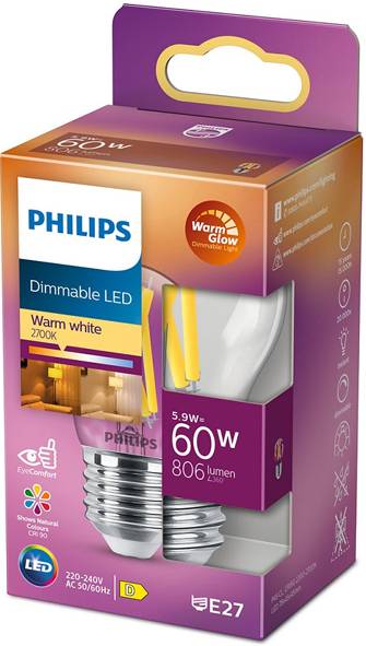 Krabica žiaroviek Philips LED s stmievaním, teplá biela 2700K, ekvivalent 60W, 806 lumenov, s funkciou teplého svetelného efektu, pätica E27.
