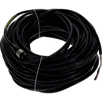 Krútený čierny elektrický kábel s konektorom na jednom konci a vystavenými vodičmi na druhom konci, zabezpečený bielou páskou.