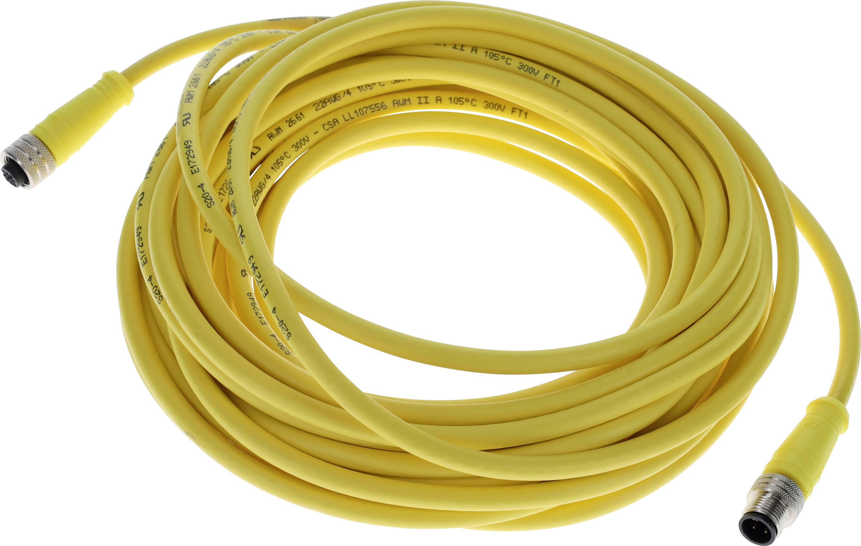 Stočený žltý kábel s konektormi na oboch koncoch, ktorý sa často používa na prenos dát alebo elektrickej energie.