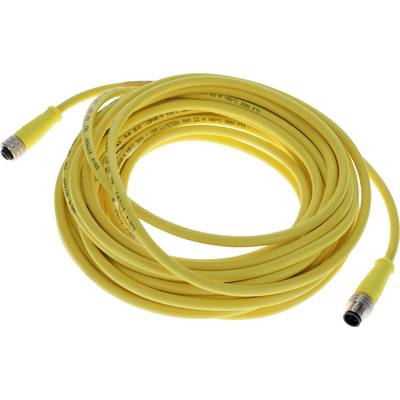 Stočený žltý kábel s konektormi na oboch koncoch, ktorý sa často používa na prenos dát alebo elektrickej energie.