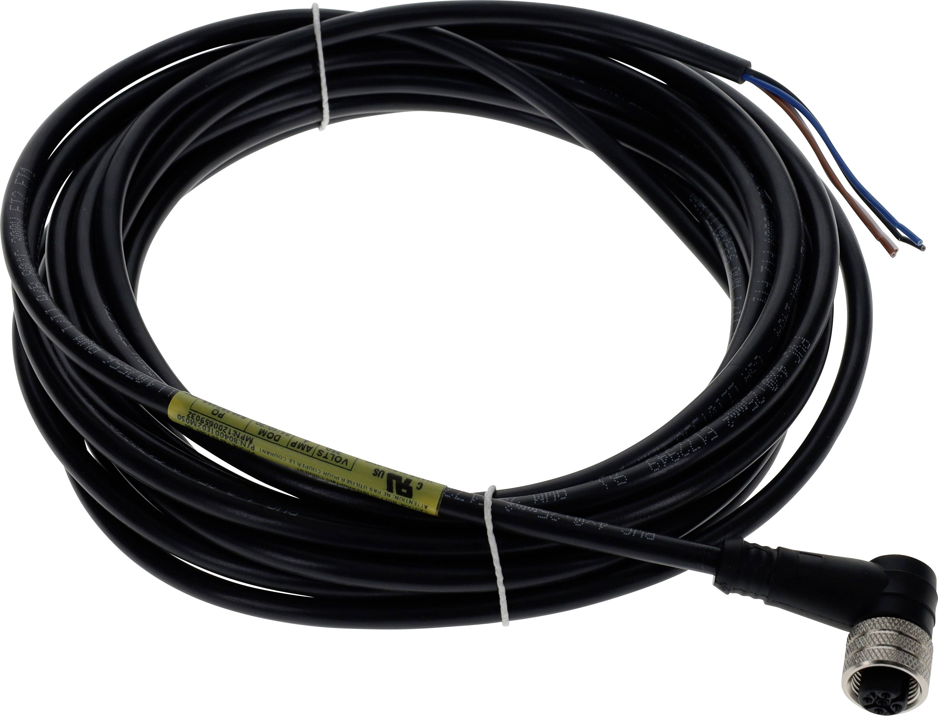 Stočený čierny kábel s kovovým konektorom na jednom konci a odhaleným vodičom na druhom konci, používaný na elektrické alebo dátové prepojenia.