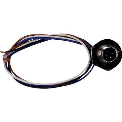Kruhový elektronický konektor so štyrmi kolíkmi, pripojený k hnedým, modrým a bielym vodičom, používaný na elektrické pripojenia.