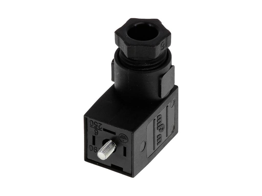 Čierny elektrický konektor so skrutkovým uzáverom, obdĺžnikového tvaru s popismi na povrchu.