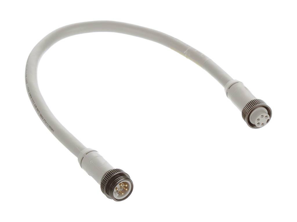 Kábel s dvoma okrúhlymi zástrčkami, kovové kontakty sú viditeľné, na bielom pozadí. Vhodný pre elektronické prepojenia.