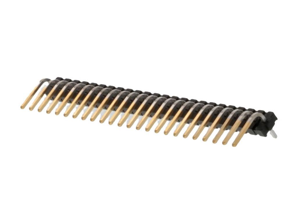 Elektrický konektor s viacerými zlatými kolíkmi v čiernom plastovom puzdre.