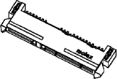 Výkres elektrického konektora s viacerými kolíkmi používaného pre počítačové dosky plošných spojov.