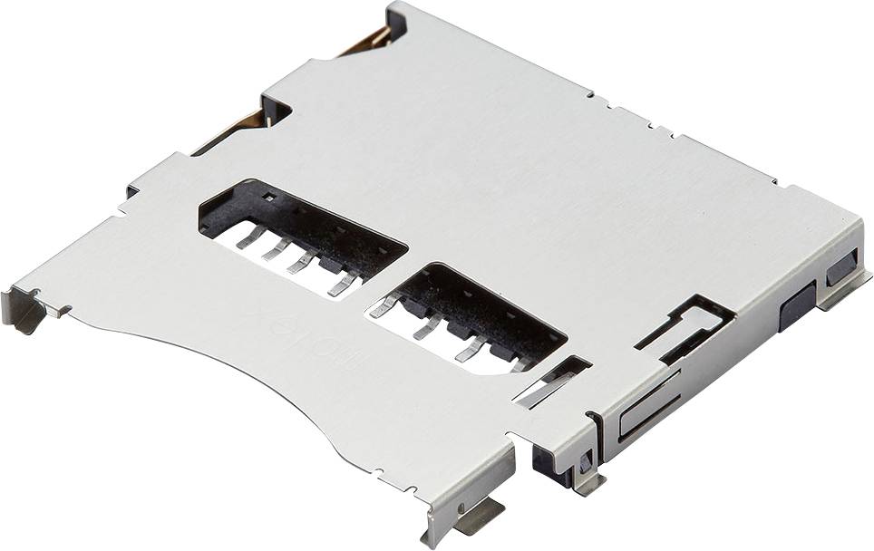 Kovový držiak microSD karty, vhodný pre elektronické zariadenia na ukladanie a prenos digitálnych dát.