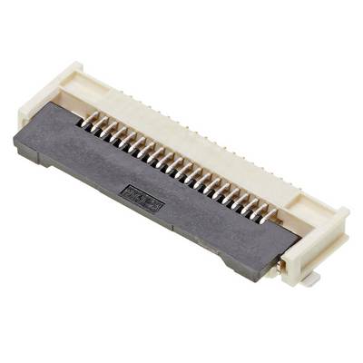Plochý, obdĺžnikový elektronický konektor s viacerými kovovými kontaktmi, vsadený do plastového puzdra.