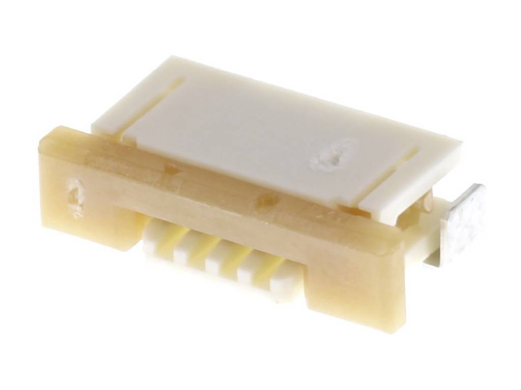 Malý, obdĺžnikový elektronický konektor so šiestimi kontaktnými bodmi v svetlohnedej a bielej plastovej schránke.