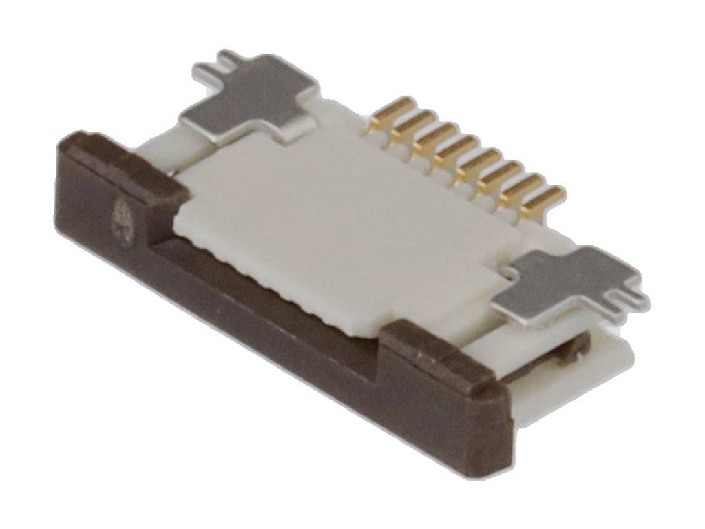 Malý, obdĺžnikový elektronický konektor s viacerými zlatými kolíkmi, používaný na prepojenie elektronických komponentov.