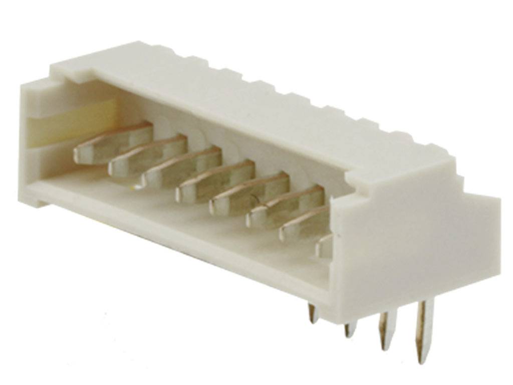 Biely, obdĺžnikový elektrický konektor so šiestimi kovovými kolíkmi.