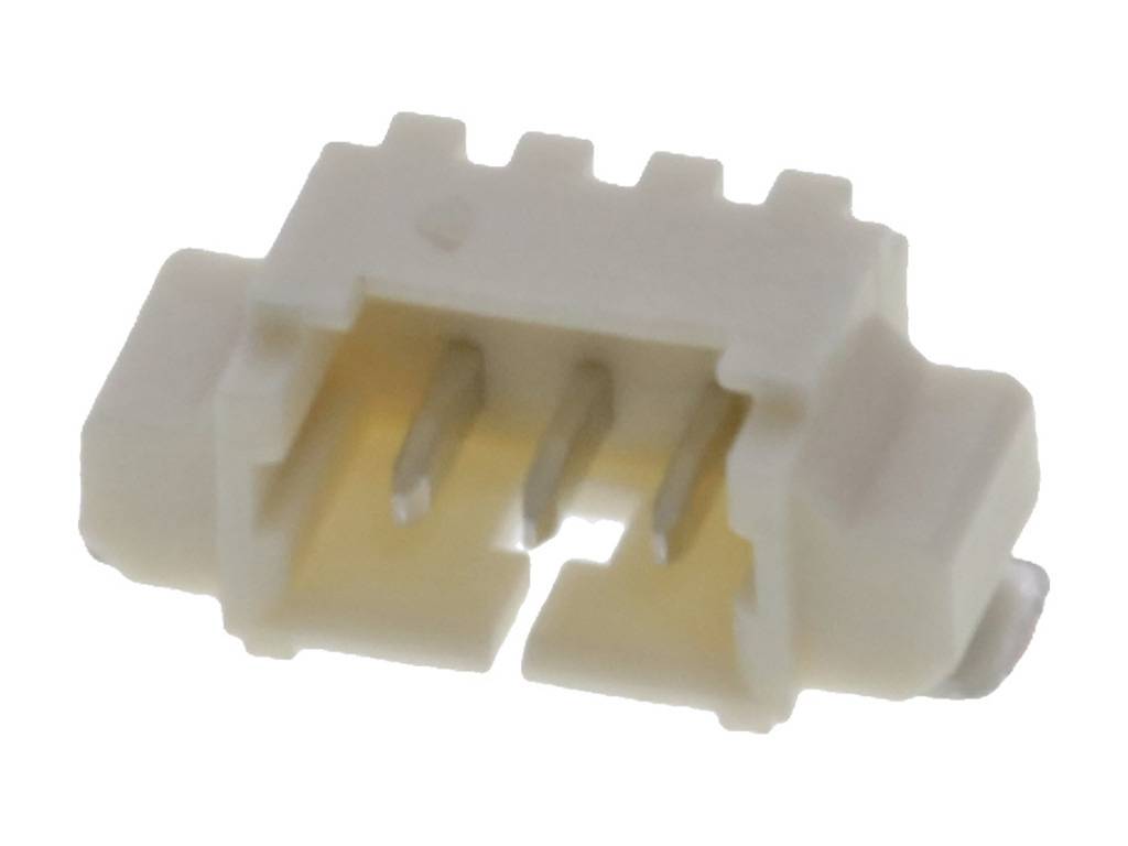 Malý biely plastový konektor s piatimi kolíkmi, vhodný pre elektronické prepojenia.