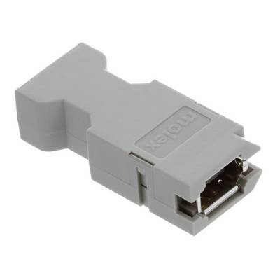 Šedý adaptérový konektor s obdĺžnikovým púzdrom, vhodný pre elektrické prepojenia v technických zariadeniach.