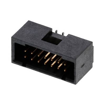 Čierny elektrický konektor s viacerými zlatými kolíkmi, používaný v elektronických zariadeniach na prepojenie káblov.