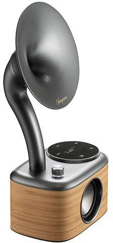 Moderné retro rádio s dreveným krytom a výrazným reproduktorom v tvare rohu.