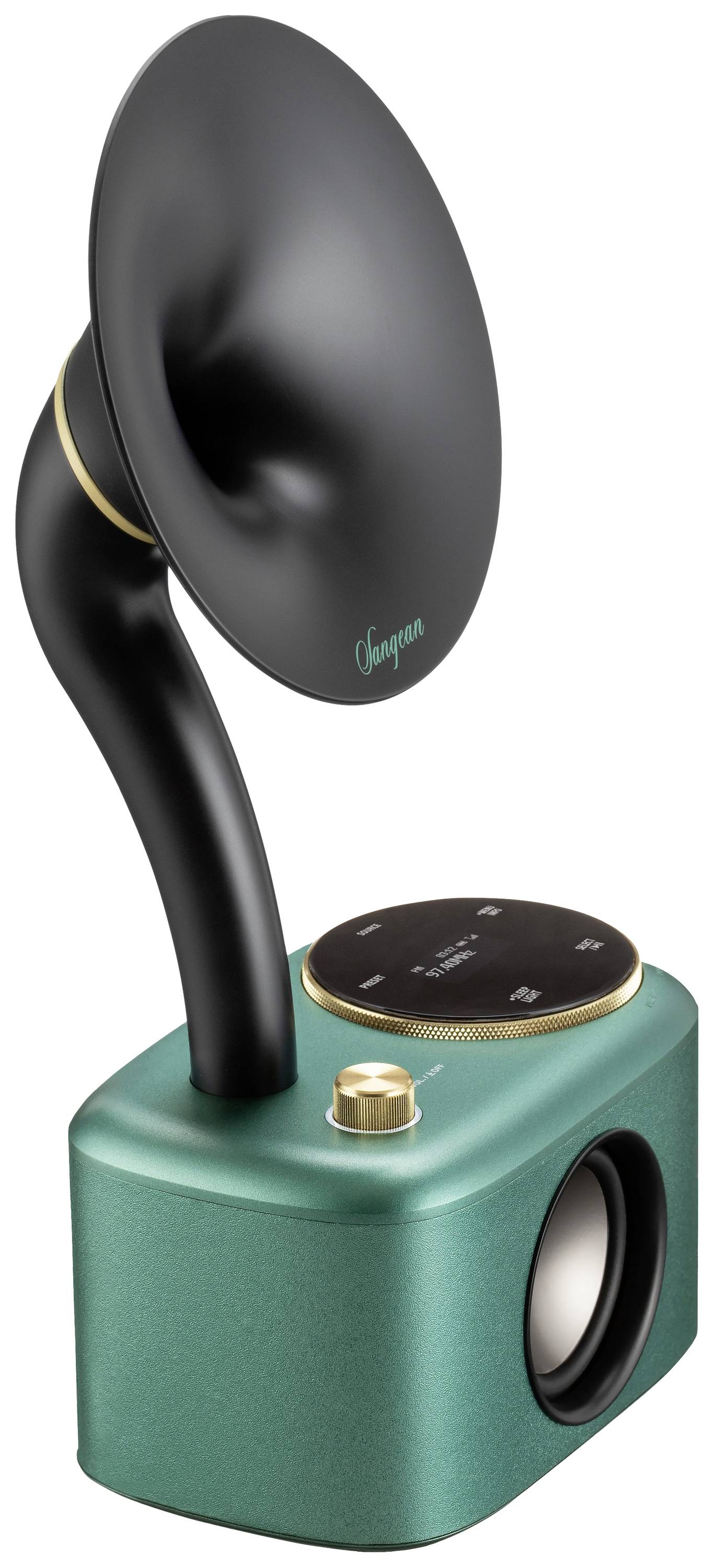 Zelený, obdĺžnikový bluetooth reproduktor s retro dizajnom. Čierna, zakrivená reproduktorová trúbková nástavba.