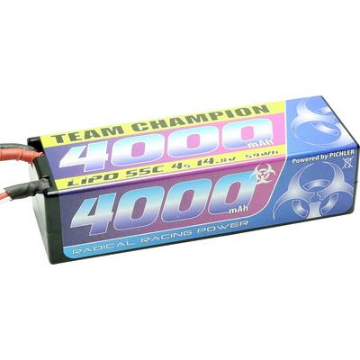 Akumulátor 'Team Champion 4000 mAh' Lithium-Polymérový (LiPo) s 14,8V, 55C. Dizajn v modrej a fialovej farbe. Napájaný spoločnosťou Pichler.