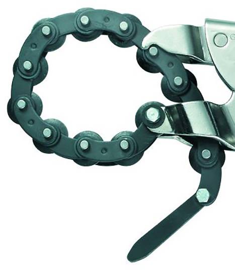 Kliešte s kruhovým úchopným mechanizmom pozostávajúcim z reťazových článkov, navrhnuté na bezpečnéuchopenie guľatých predmetov.