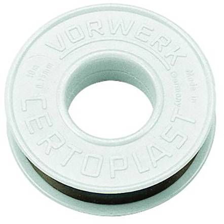 Okrúhly tesnací disk s nápisom 'Vorwerk Certoplast'. Pozostáva z bieleho materiálu s čiernym gumeným krúžkom vnútri.