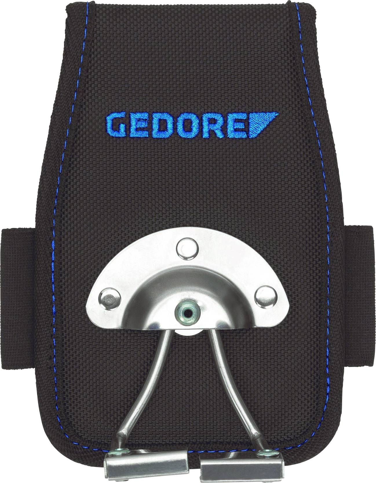 Čierna držiak na náradie s logom 'GEDORE'. Vyrobený z odolného materiálu, má kovovú upevňovaciu časť pre bezpečné uloženie náradia.