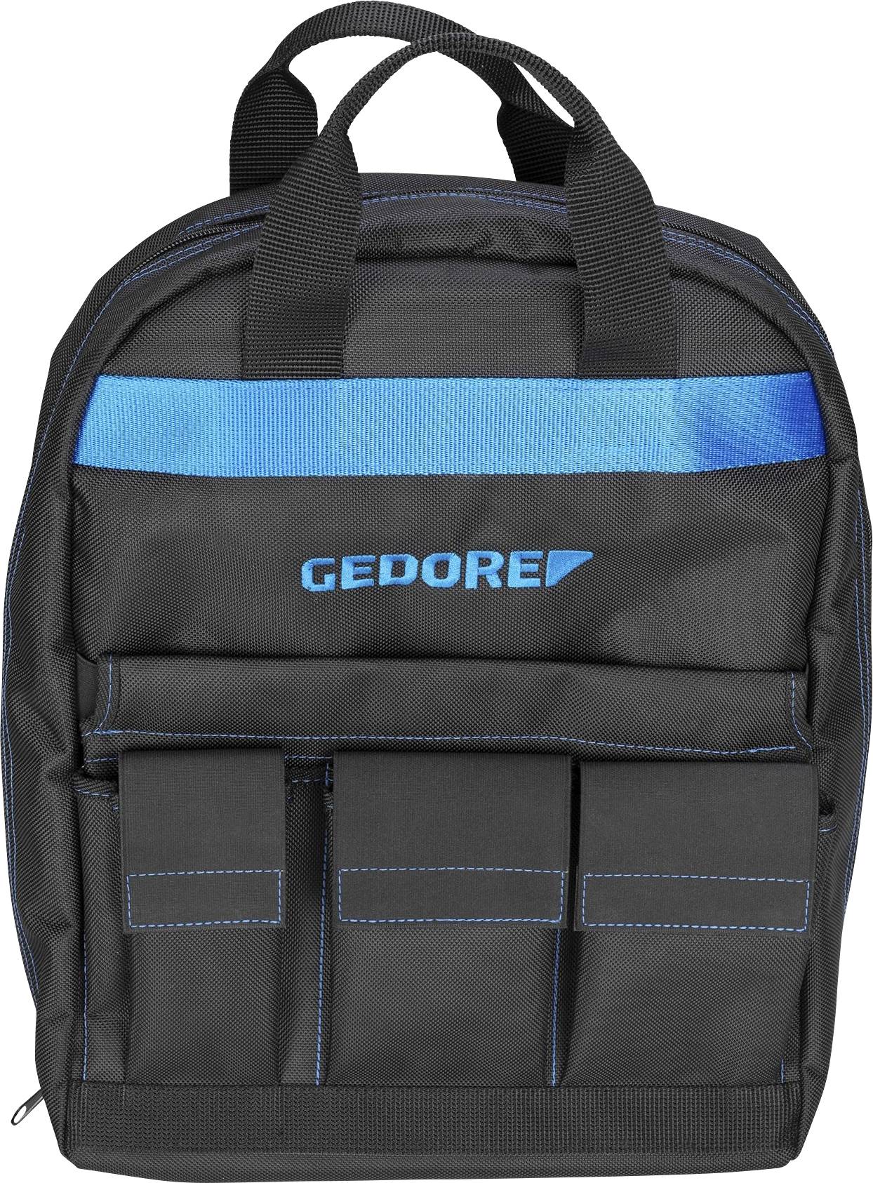 Čierny ruksak s modrými akcentmi a viacerými vreckami, nesie logo 'GEDORE'. Ideálny pre uskladnenie náradia.