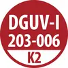 Červená kruhová značka s bielym textom „DGUV-I 203-006" a „K2" v spodnej časti.