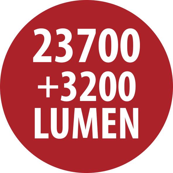 Červený kruhový štítok s bielym textom „23700 +3200 LUMEN".
