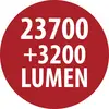 Červený kruhový štítok s bielym textom „23700 +3200 LUMEN".