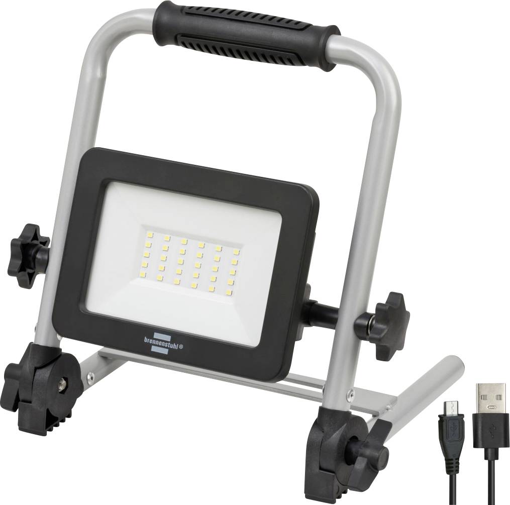 Prenosné LED pracovné svetlo s nastaviteľným stojanom a rukoväťou, zobrazené s kábrom na nabíjanie USB.