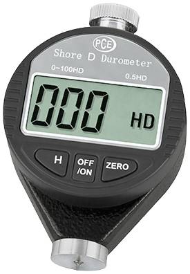 Čierny tvrdomer Shore D s digitálnym displejom, zobrazuje '000 HD'. Merací rozsah je 0-100 HD. Otočný gombík hore, vypínač dole.