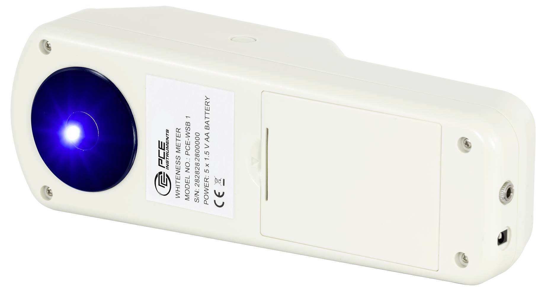 Biely handheld elektronický prístroj s modrým svetlom na jednom konci, pravdepodobne merač vlhkosti alebo senzor, zobrazený na bielom pozadí.