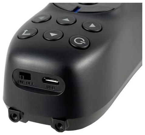 Čierny prenosný ovládač so smerovými tlačidlami a USB portom na prednej strane, zobrazený v detailnom zábere.