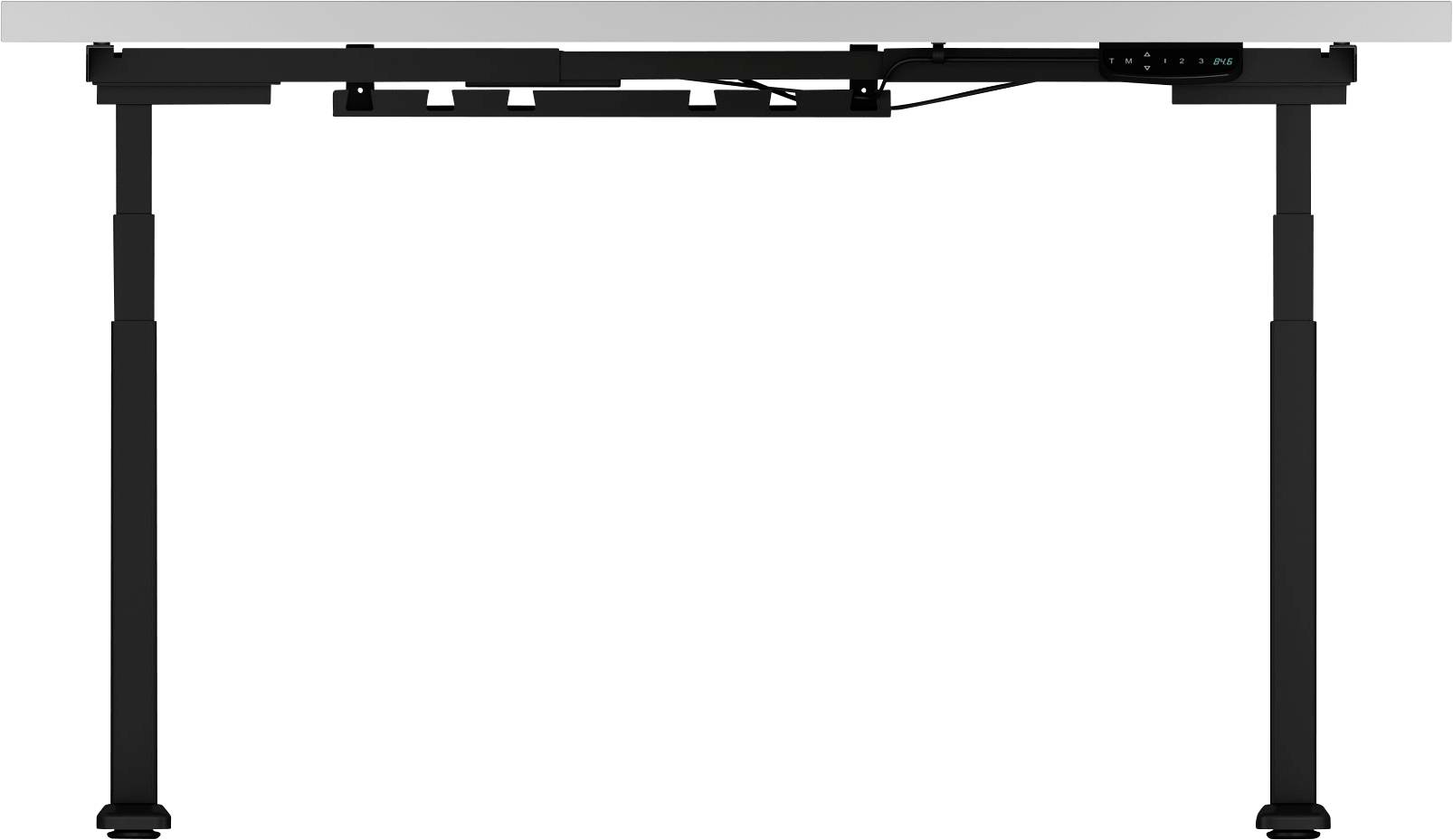 Výškovo nastaviteľný rám písacieho stola z čierneho kovu s dvoma teleskopickými nohami a ovládacími prvkami pod doskou stola.