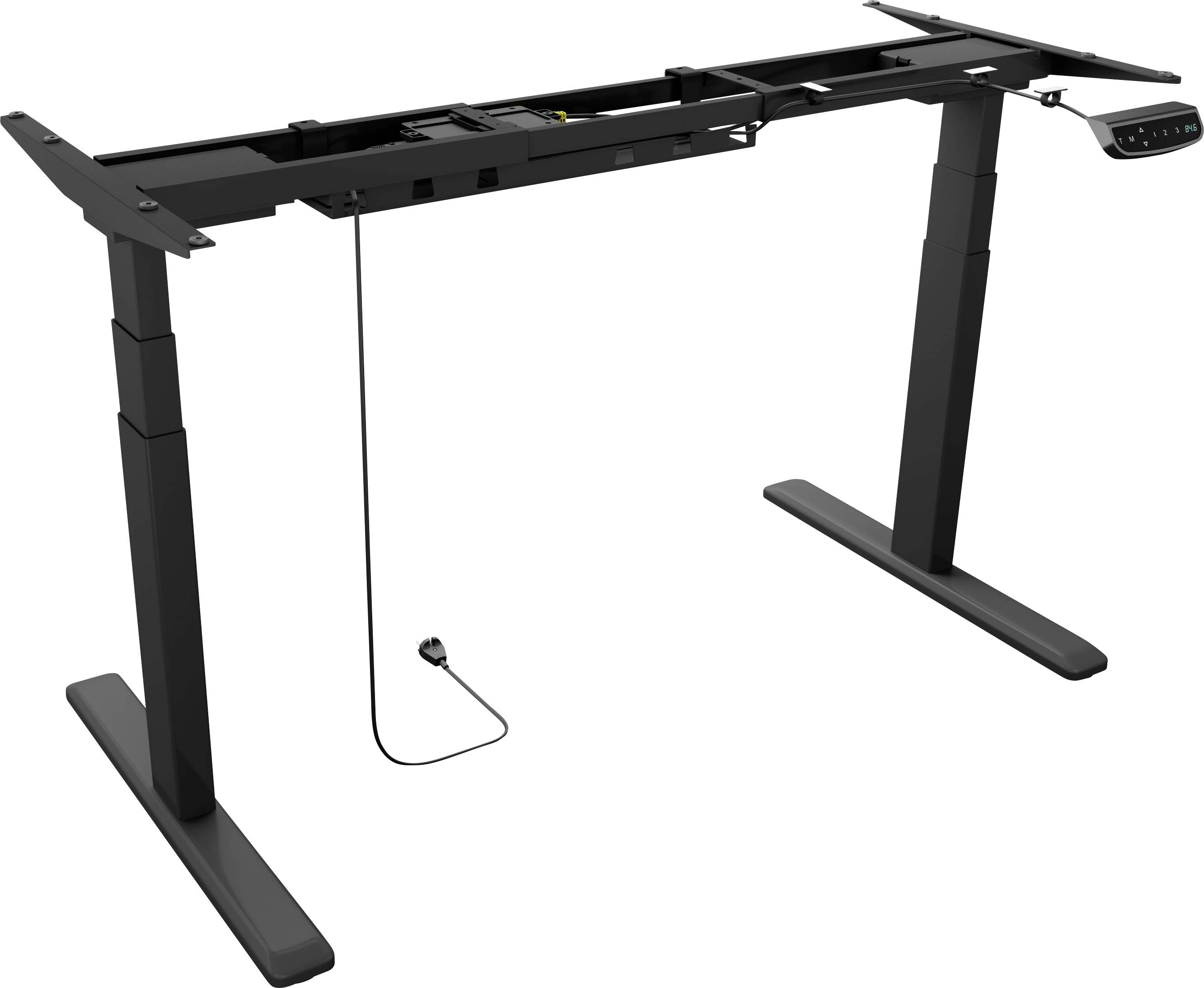 Elektricky nastaviteľný rám stola v čiernej farbe, bez dosky stola. Výstup kábla pre elektrické pripojenie je viditeľný.