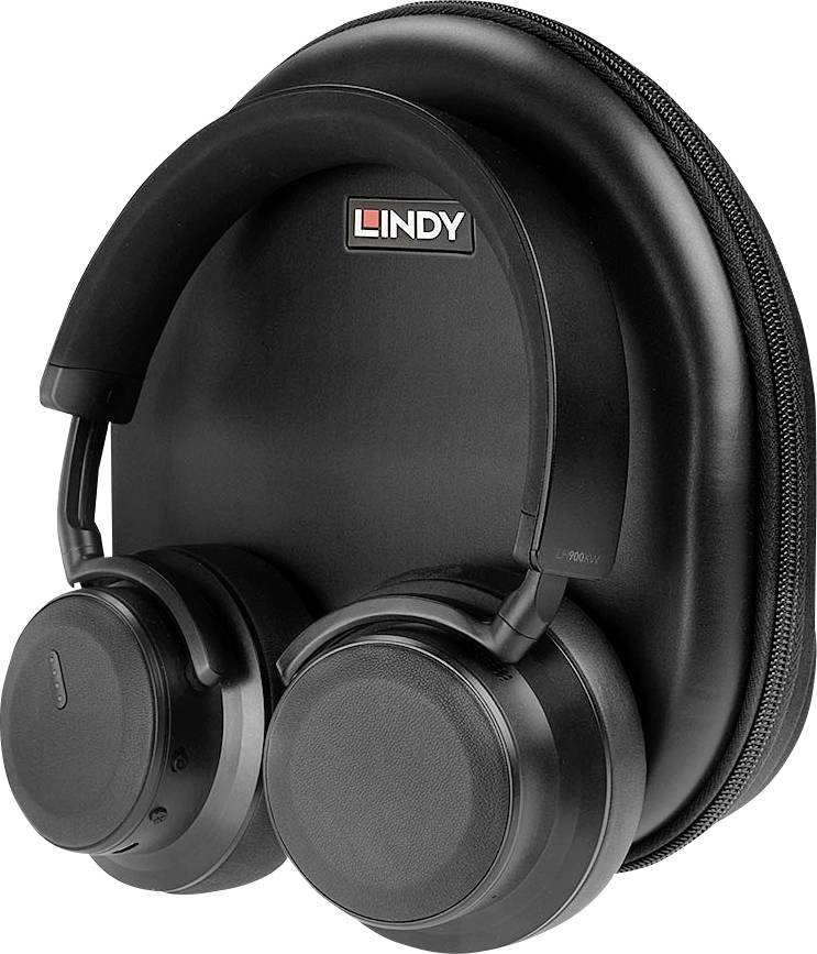 Čierny bezdrôtový headset leží na čiernej tvrdej taške. Na vrchu tašky sa nachádza logo 'LINDY'.