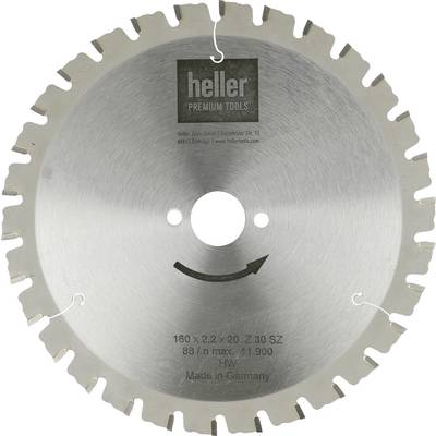 Strieborný okrúhly pílový list označený "heller Premium Tools" s "Made in Germany" a centrálnym otvorom pre hriadeľ.