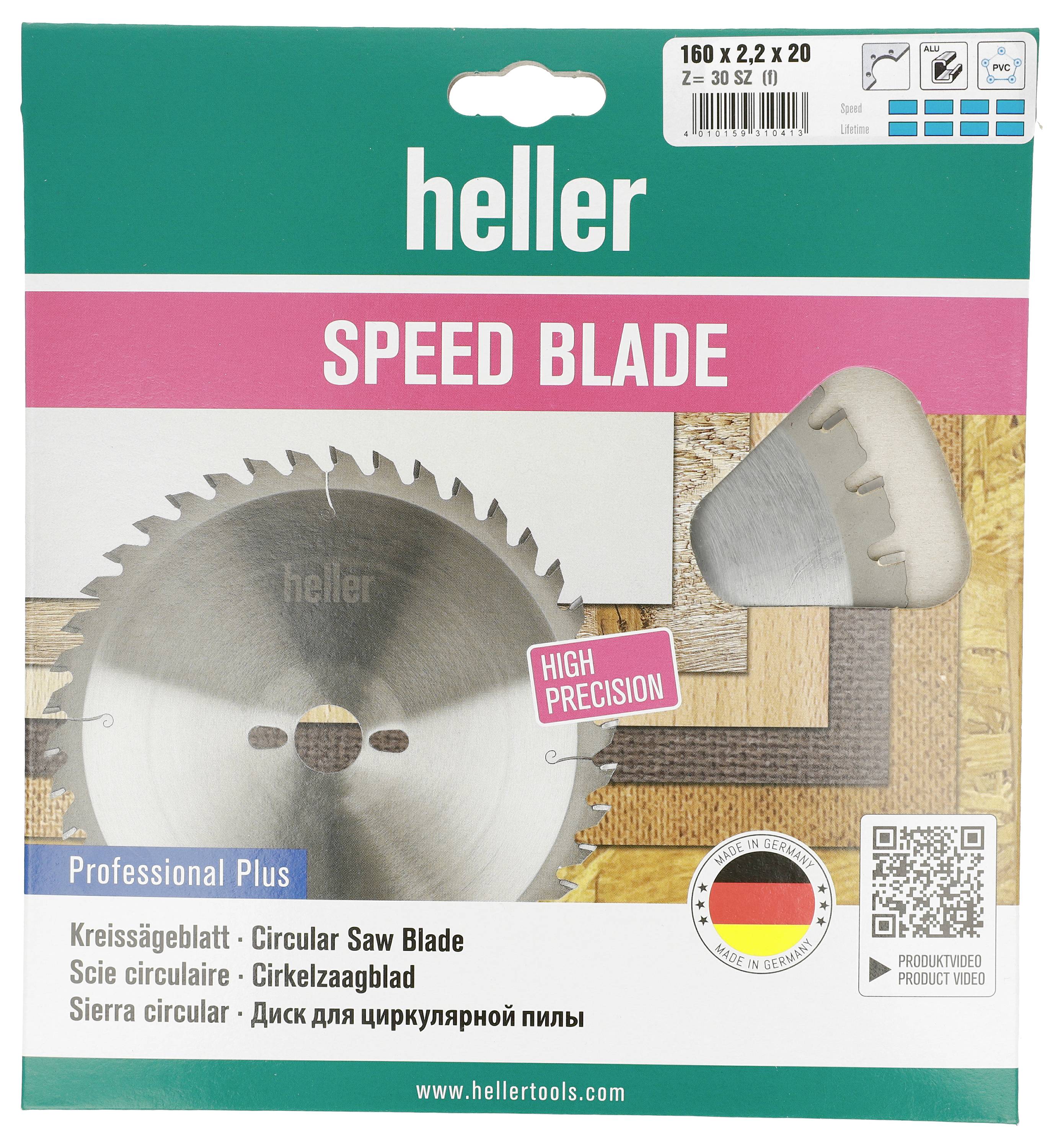 Balenie pre pilový kotúč Heller 'Speed Blade' s obrázkom kotúča, 'Vysoká presnosť', špecifikáciami produktu a QR kódom.