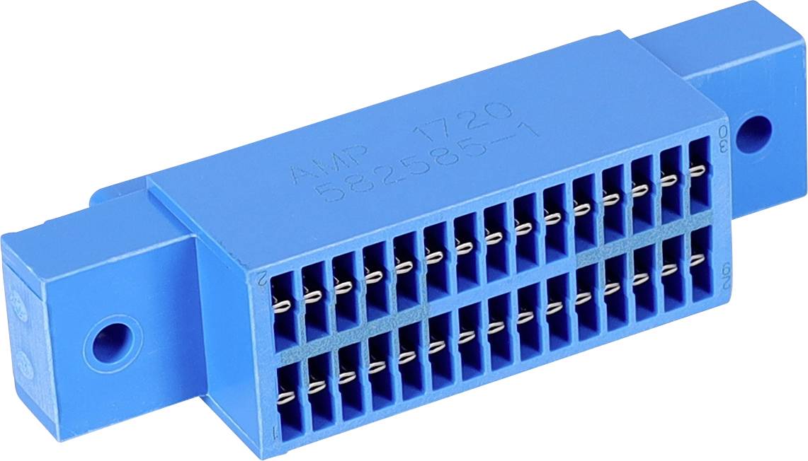 Modrý obdĺžnikový elektrický konektor s viacerými kovovými otvormi pre kolíky, používaný na pripájanie elektronických komponentov.