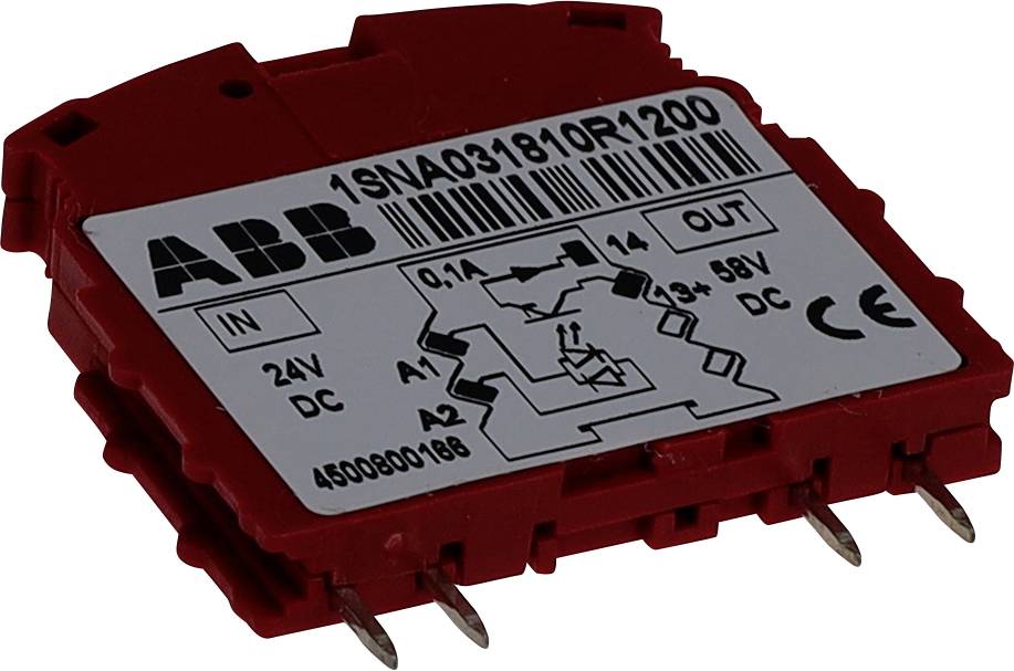 Červené relé ABB s označenými vstupmi a výstupmi; zobrazuje schematickú diagraému na vrchu s parametrami: 24V DC vstup, 58V DC výstup.