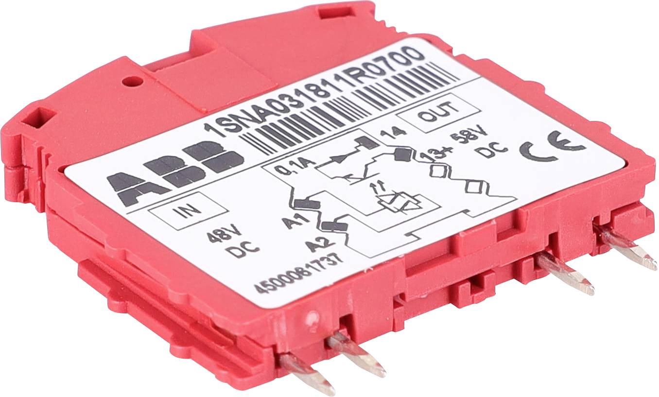 Červené elektrické relé ABB označené '1SNA031811R0700', zobrazujúce vstupno-výstupné pripojenia, s hodnotením '0,1A, 14-30V DC, 48V DC'.