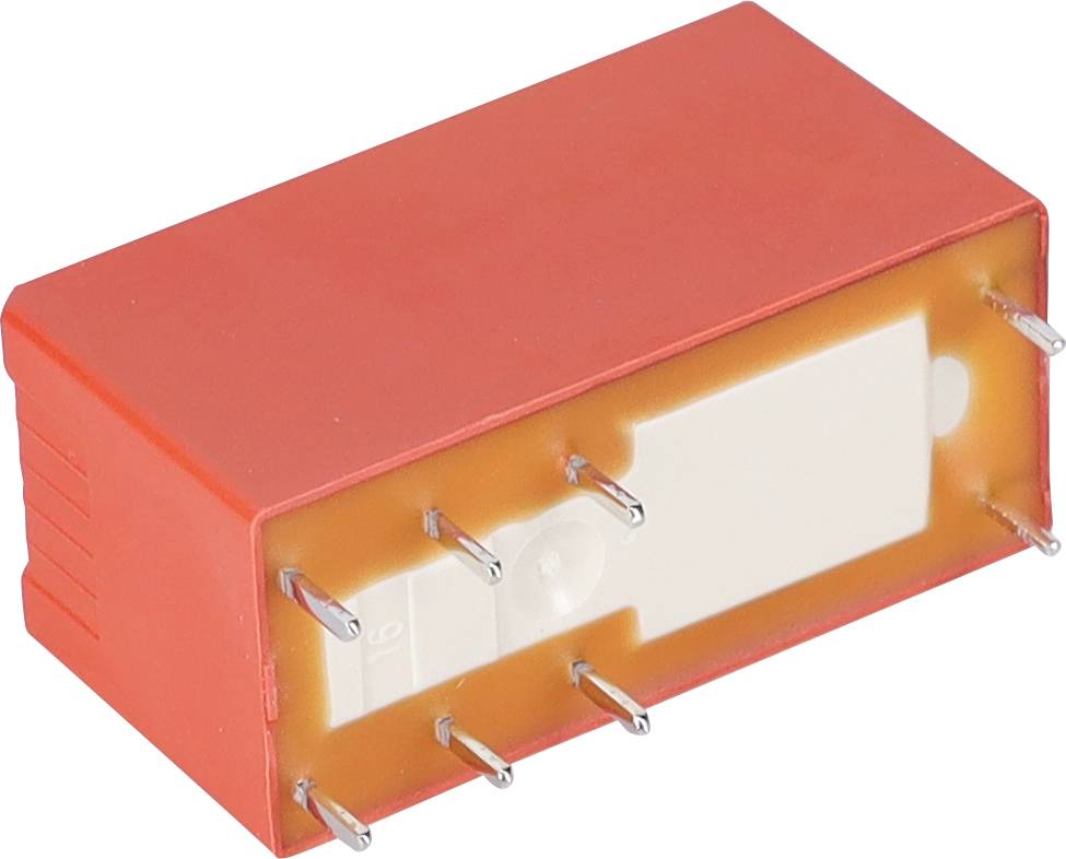 Červená obdĺžniková elektronická súčiastka s kovovými kolíkmi na jednej strane, pravdepodobne relé alebo podobné zariadenie pre elektrické obvody.