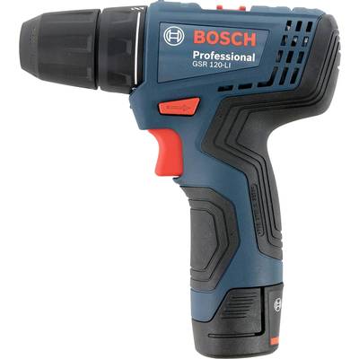 Modrý akumulátorový skrutkovač Bosch s červeným spínačom, model 'GSR 120-LI', leží napravo.