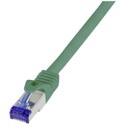 Zelený ethernetový sieťový kábel s modrým konektorom na bielom pozadí.