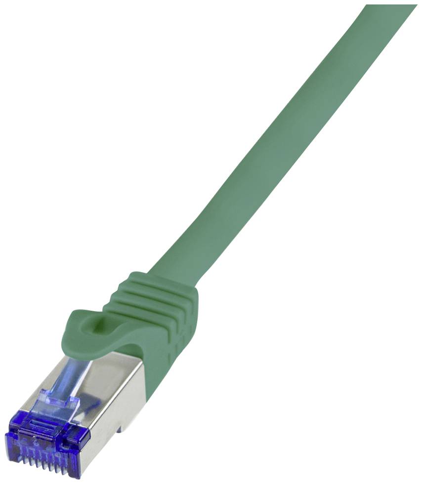 Zelený ethernetový kábel s modrým RJ-45 konektorom. Slúži na sieťové pripojenie pre prístup na internet alebo prenos dát.