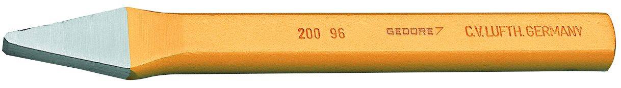 Sekáč so žltým povrchom, čiastočne zploštený, s nápisom '200 - 90 GEDORE CALWI GERMANY'.