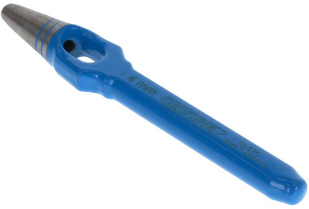 Modrý dierovač s strieborným hrotom a nápisom '4 mm GEDORE'. Používa sa na presné dierovania materiálov.