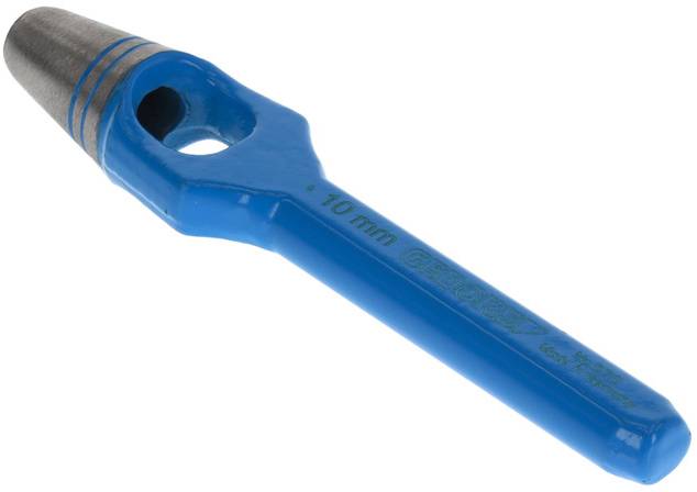 Modrý dierovač s kovovým hrotom, označený '10 mm', určený na vyrezávanie okrúhlych otvorov do materiálov.