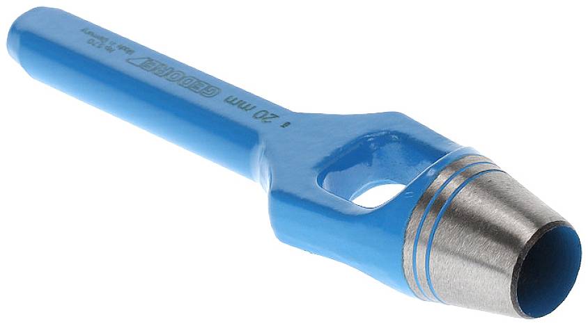 Dierkovač z kovu s modrým držadlom, priemer 20 mm. Používa sa na vyrezávanie čistých, okrúhlych otvorov do rôznych materiálov.